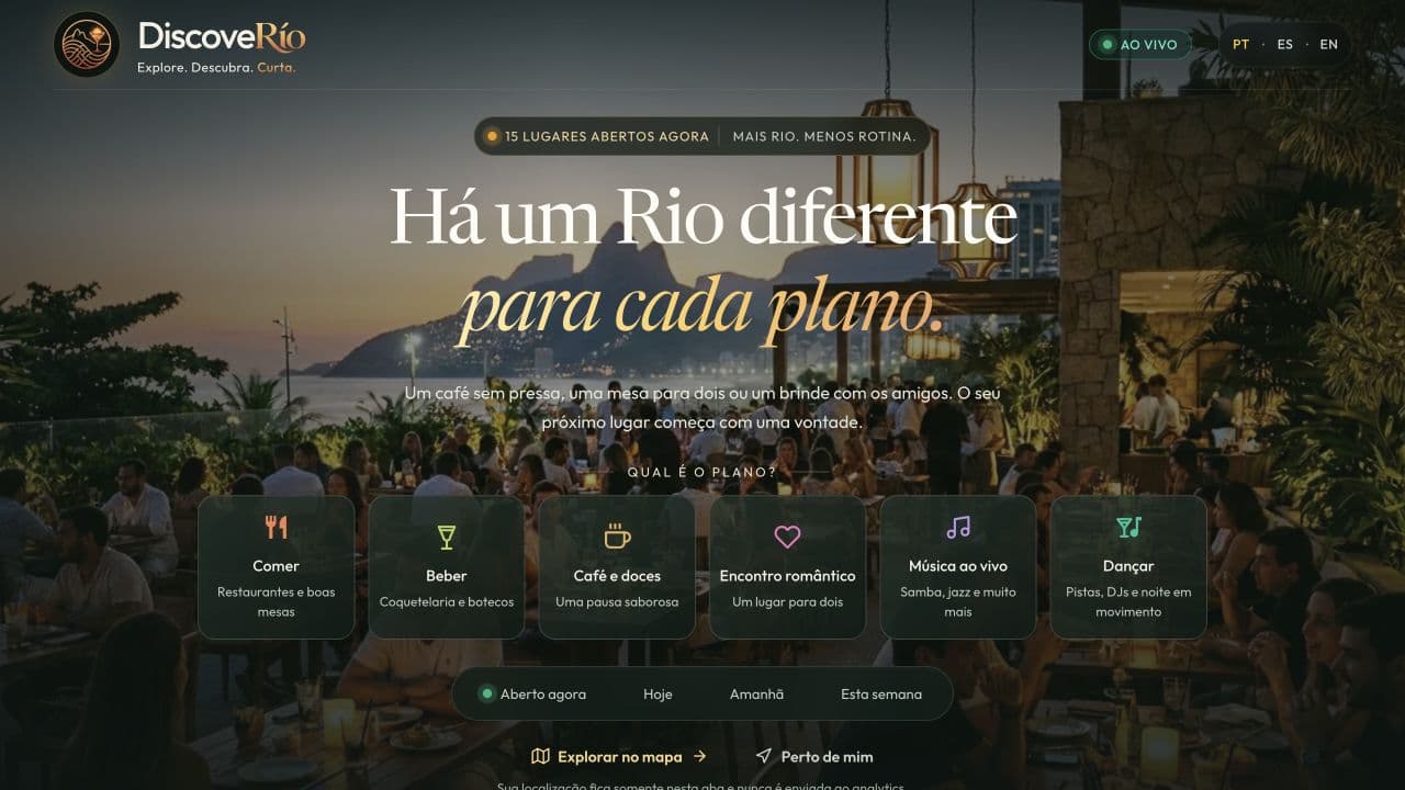 Tela da DiscoveRío com buscas por comer, beber, café, encontro romântico, música ao vivo e dançar
