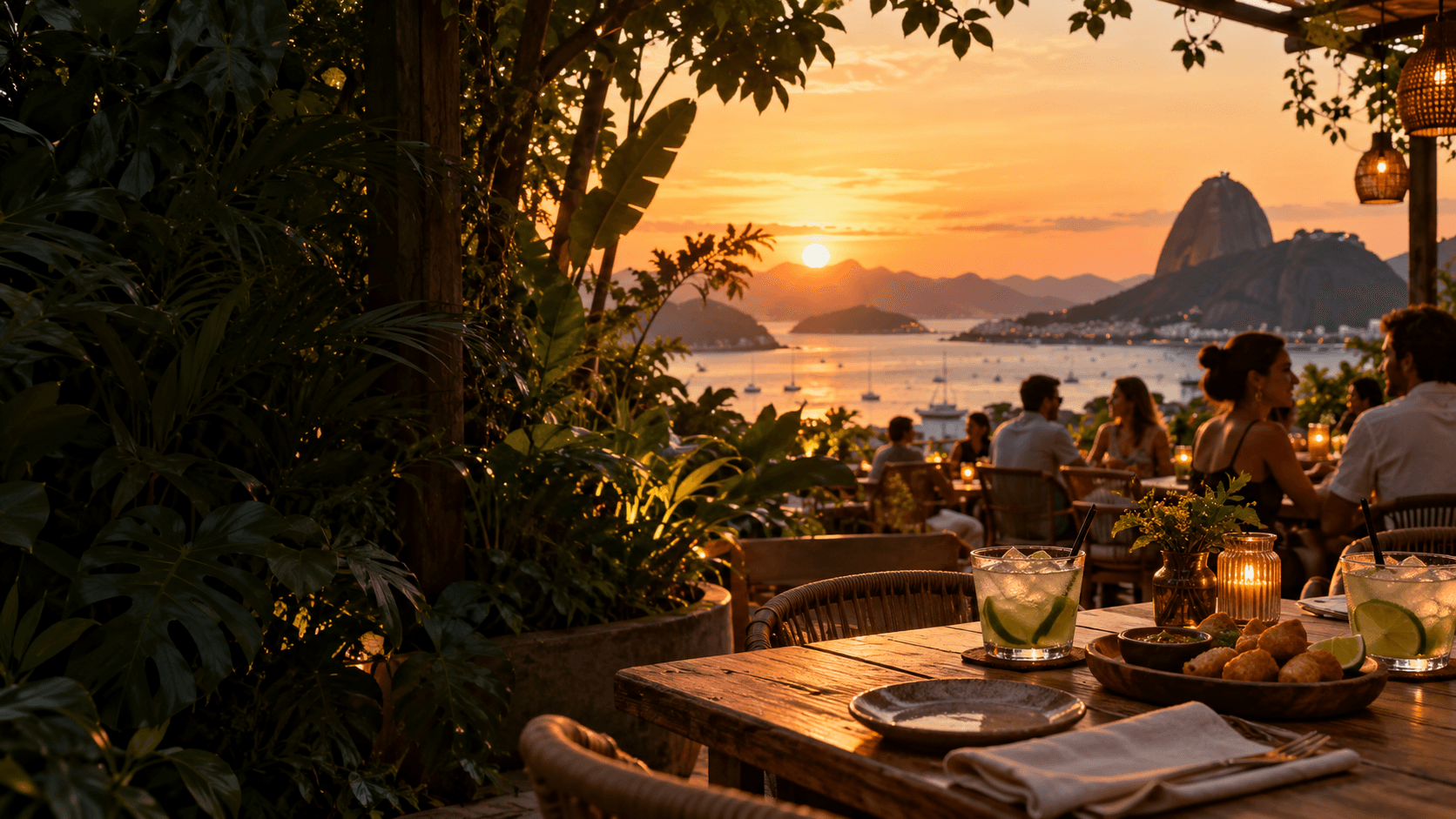 Imagem ilustrativa de um terraço com mesas e vista para a Baía de Guanabara ao pôr do sol